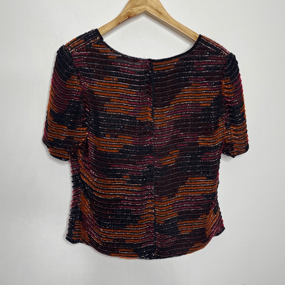 Vtg 80s FRANK USHER silk sequined beaded short sleeve blouse eras tour women's S - Picture 6 of 7